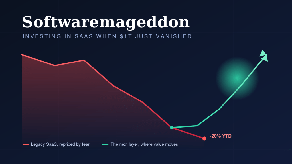 Graph titled 'Softwaremageddon' showing a decline in legacy SaaS investment depicted in red, and a rise in new investment opportunities in green, highlighting market shifts after a significant financial event.